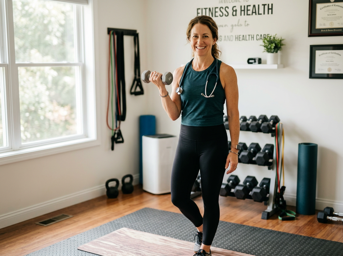 Nurse and certified fitness trainer demonstrating a beginner-friendly workout
